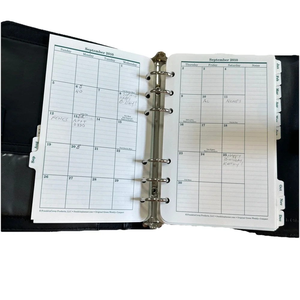 Franklin Covey Original Green 6 Ring Planner / Address Book 2010/11 Black Fabric
